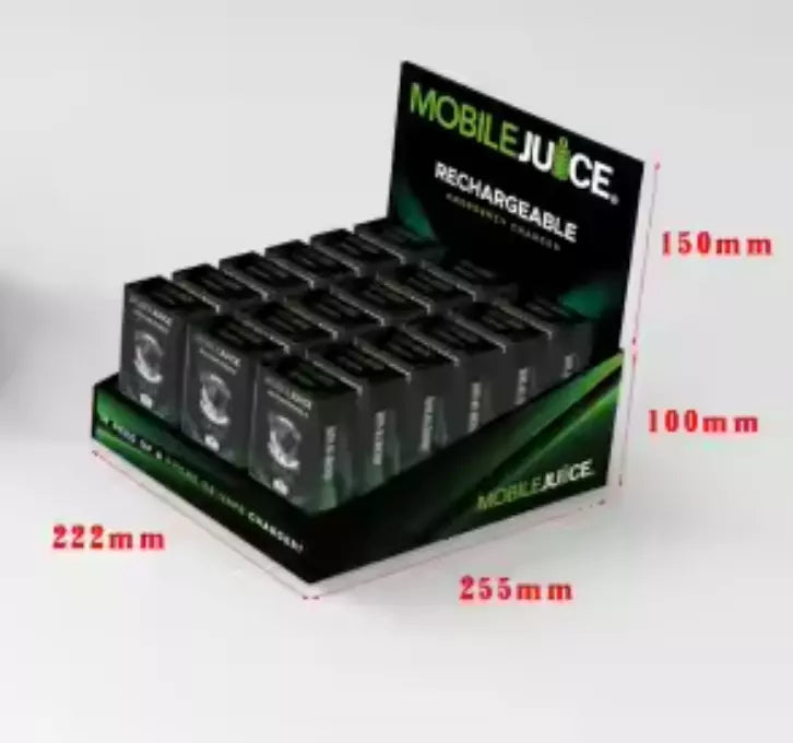 Display of Mobile Juice rechargeable vape devices with dimensions on a white background