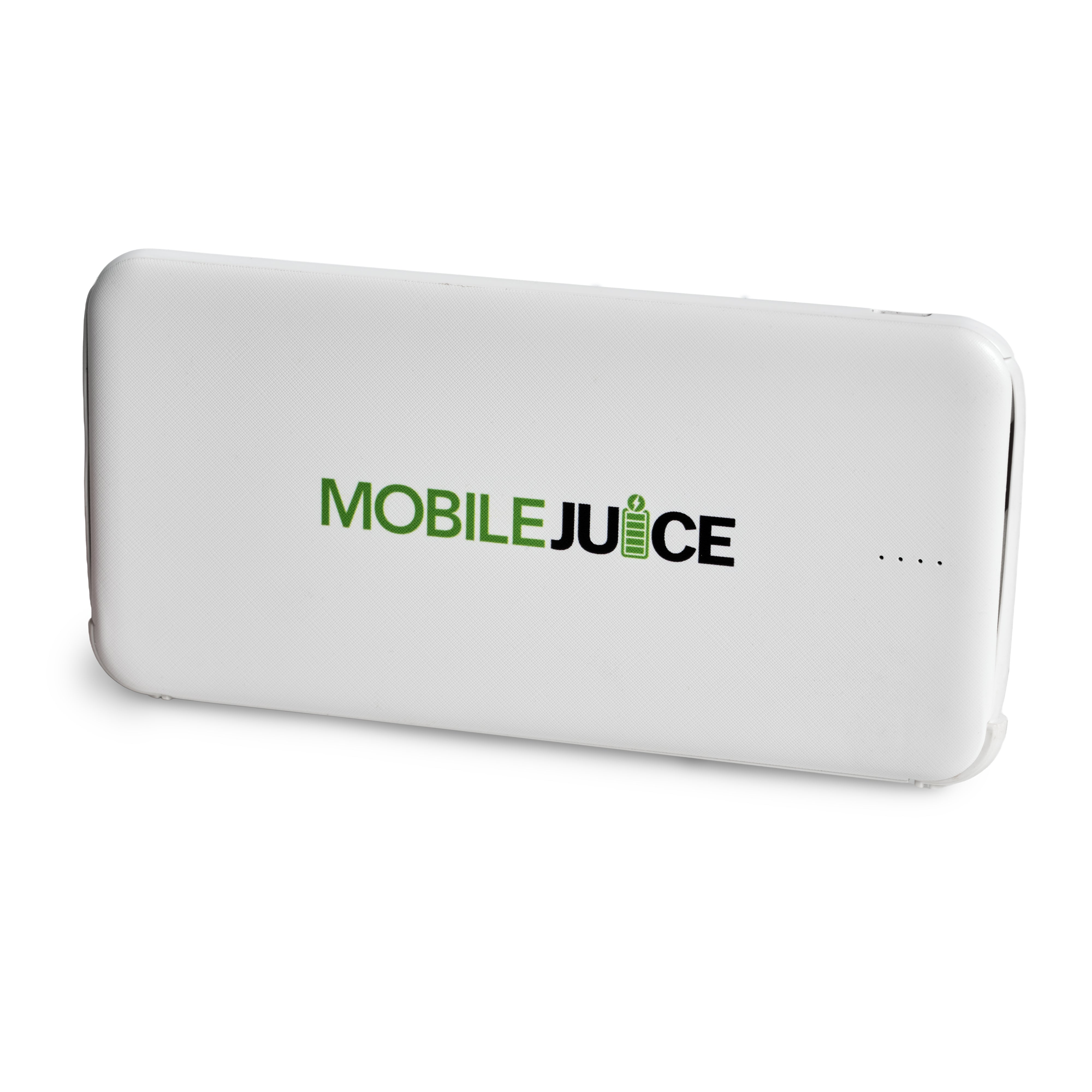 White power bank with 'MOBILE JUICE' branding on a white background