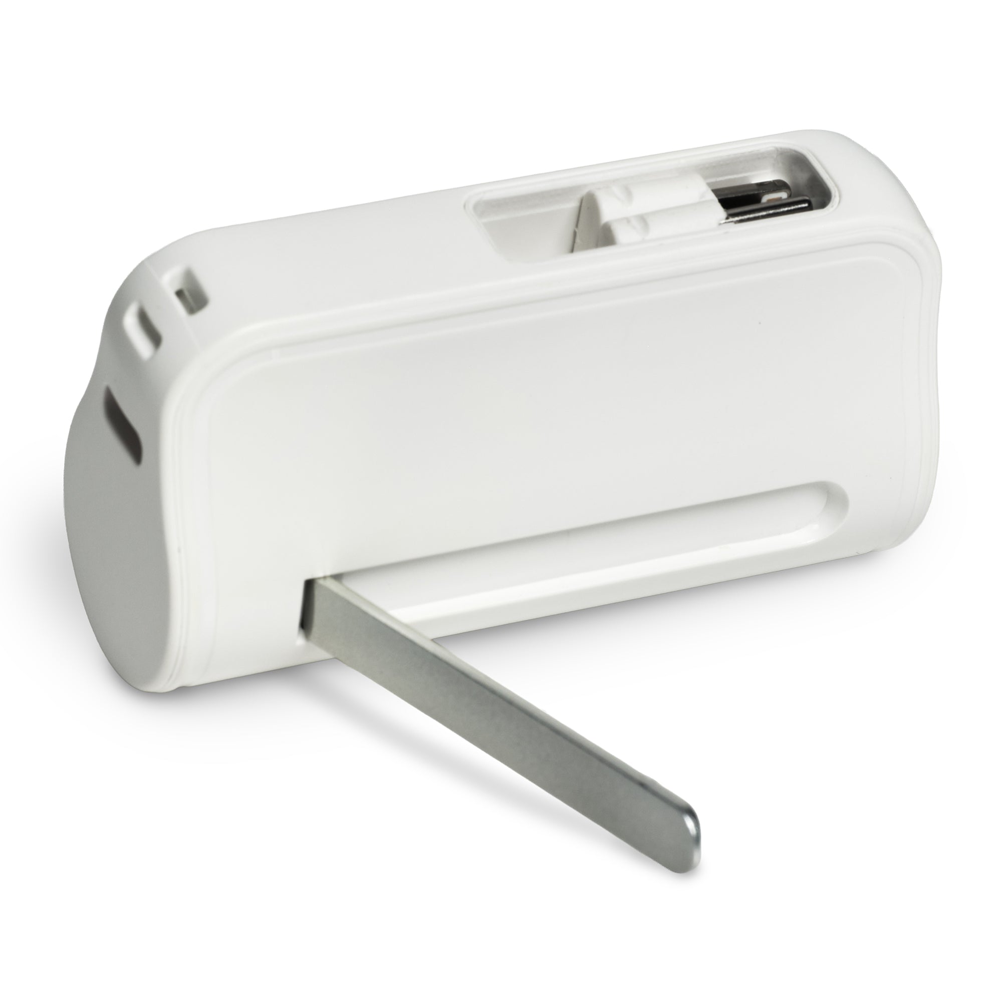 White electronic device with a metal kickstand on a white background
