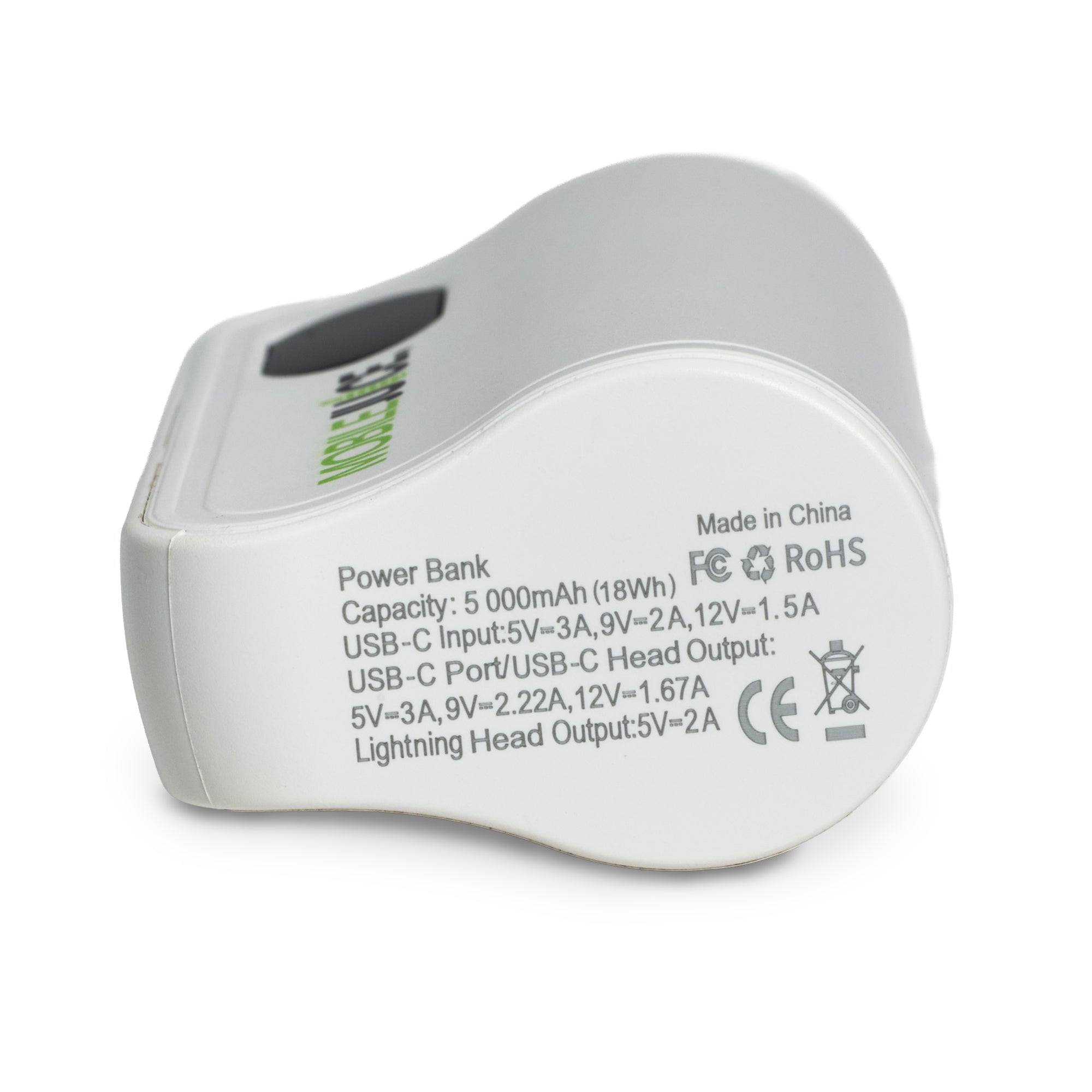 Power bank with specifications on a white background