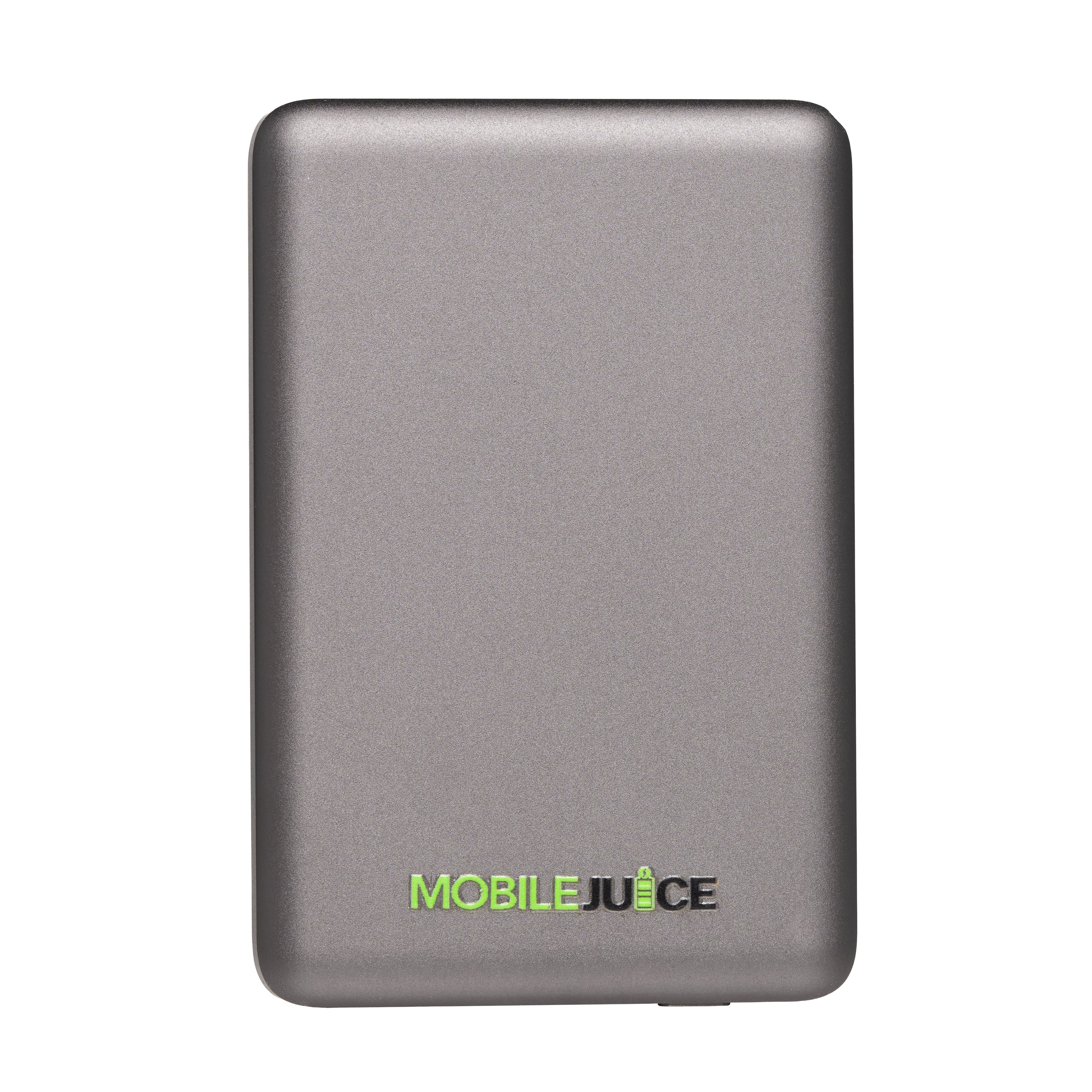 Gray power bank with 'MOBILE JUICE' branding on a white background