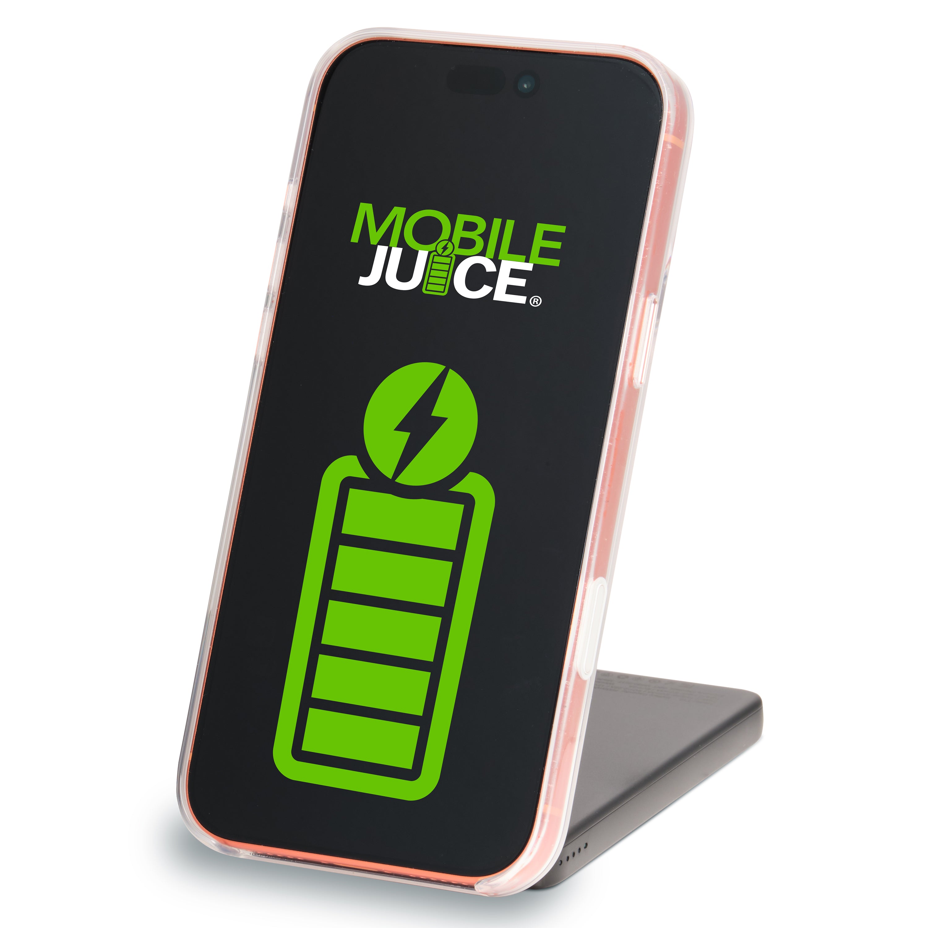 Phone with 'Mobile Juice' logo on a black background