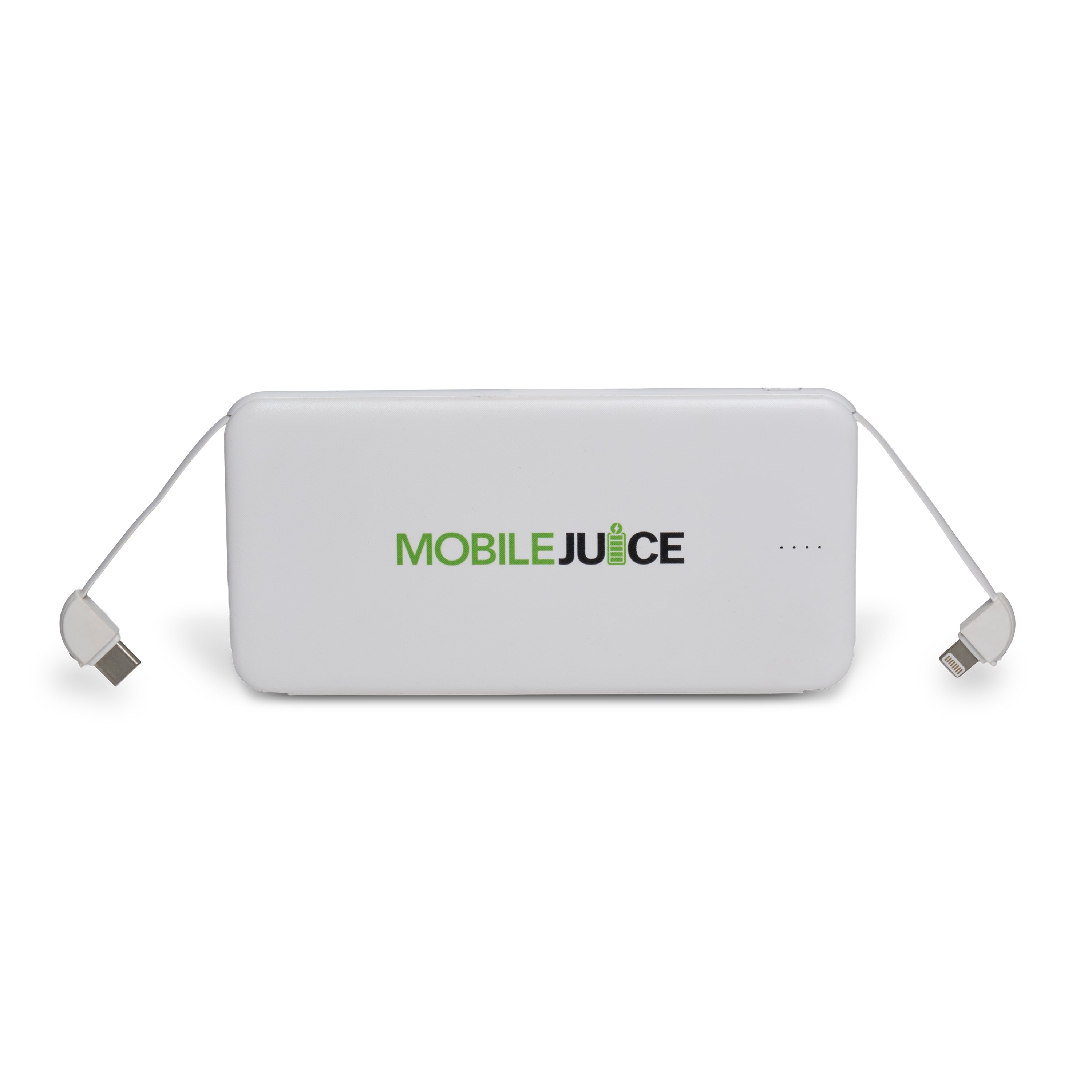White power bank with 'MOBILE JUICE' branding on a white background