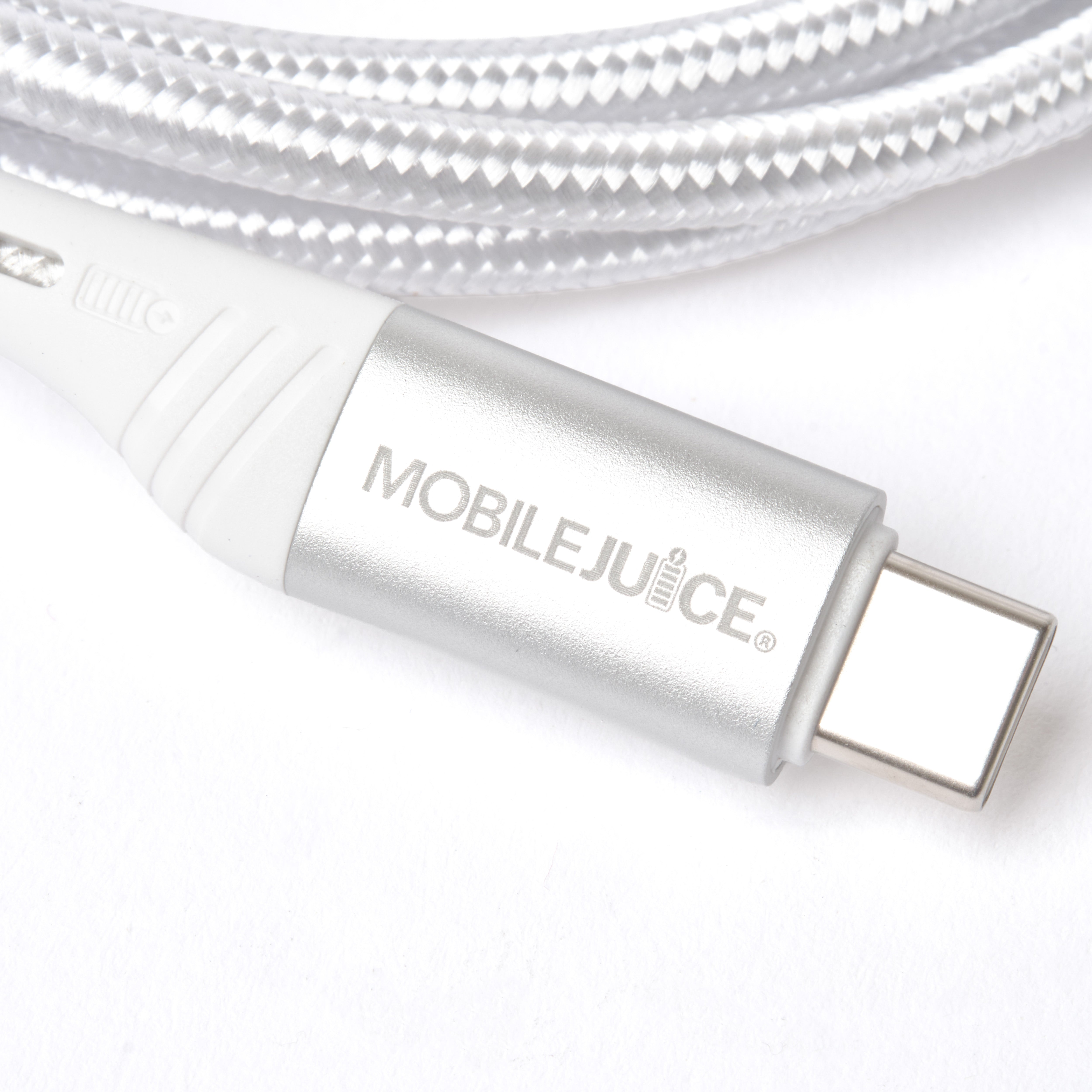 Close-up of a USB C cable with 'MOBILEJUICE' branding