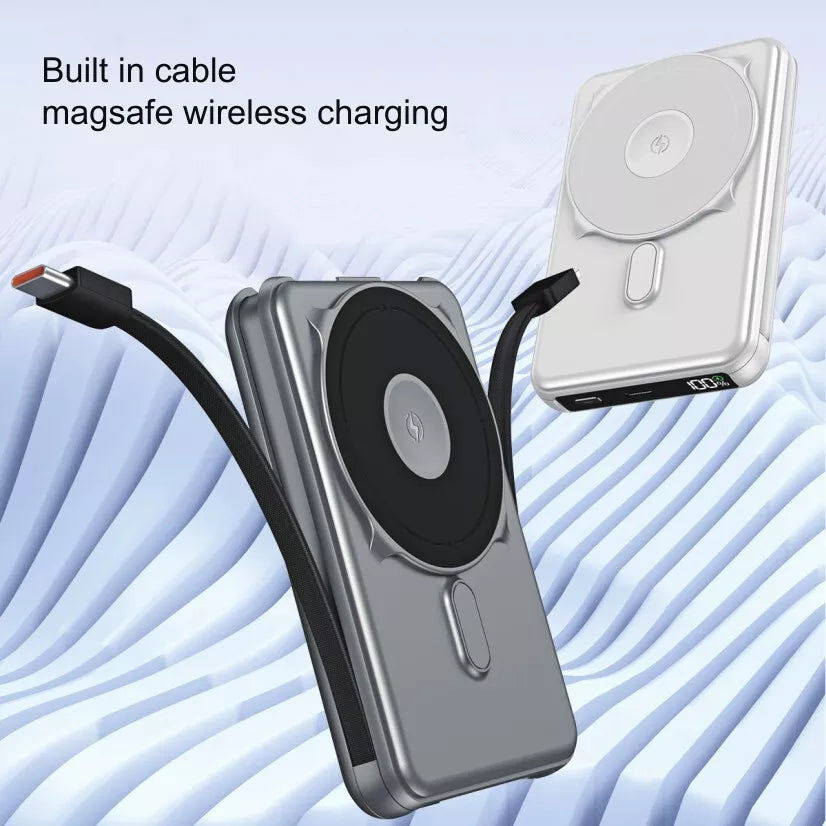 Wireless charging case with built-in cable on a light blue background