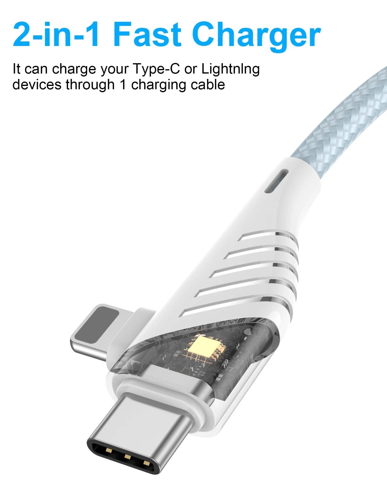 2-in-1 fast charger cable with Type-C and Lightning connectors on a white background