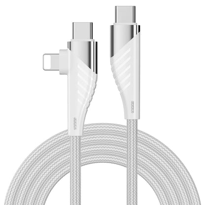 White cable with USB-C and Lightning connectors on a white background
