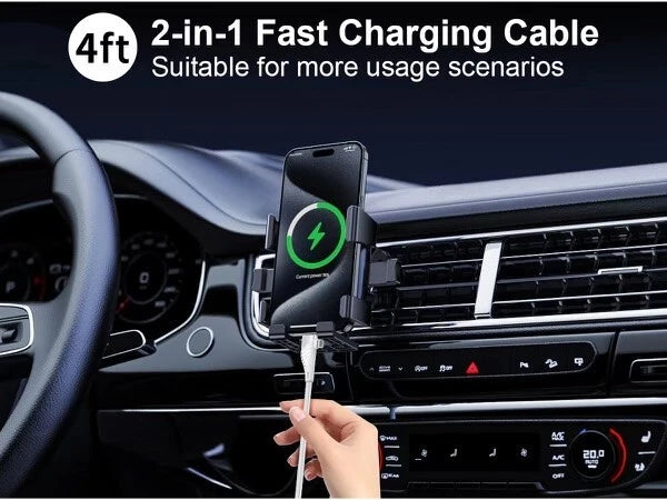 2-in-1 fast charging cable in a car dashboard with a phone holder.