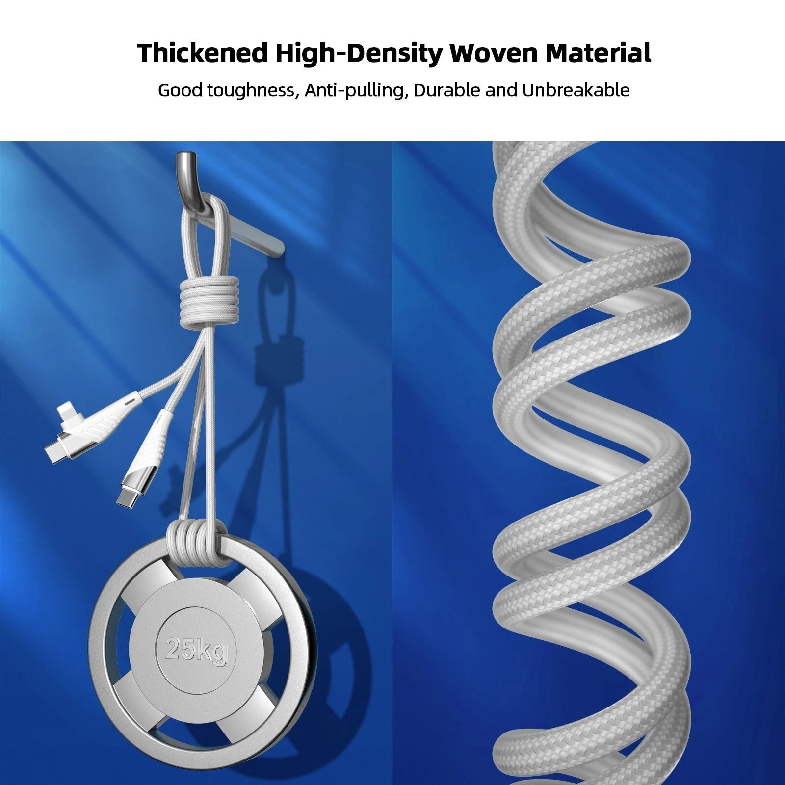 White coiled rope with a metal weight on a blue background, highlighting its strength and durability.