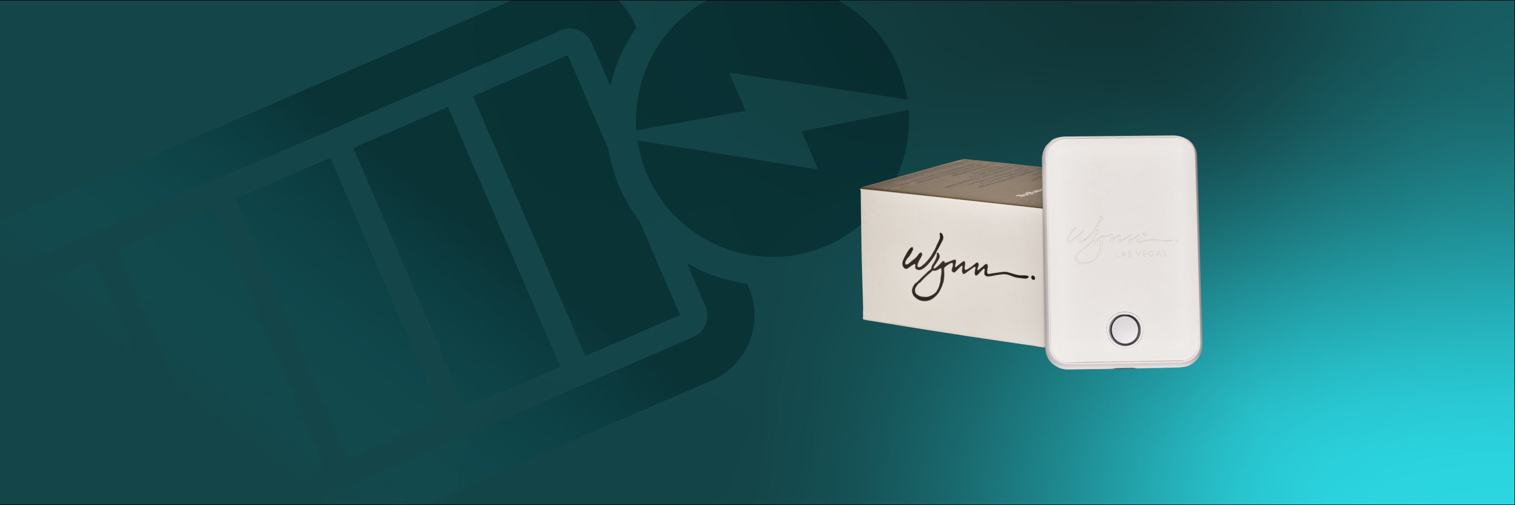 White electronic device with a box labeled 'Wynn' on a teal background