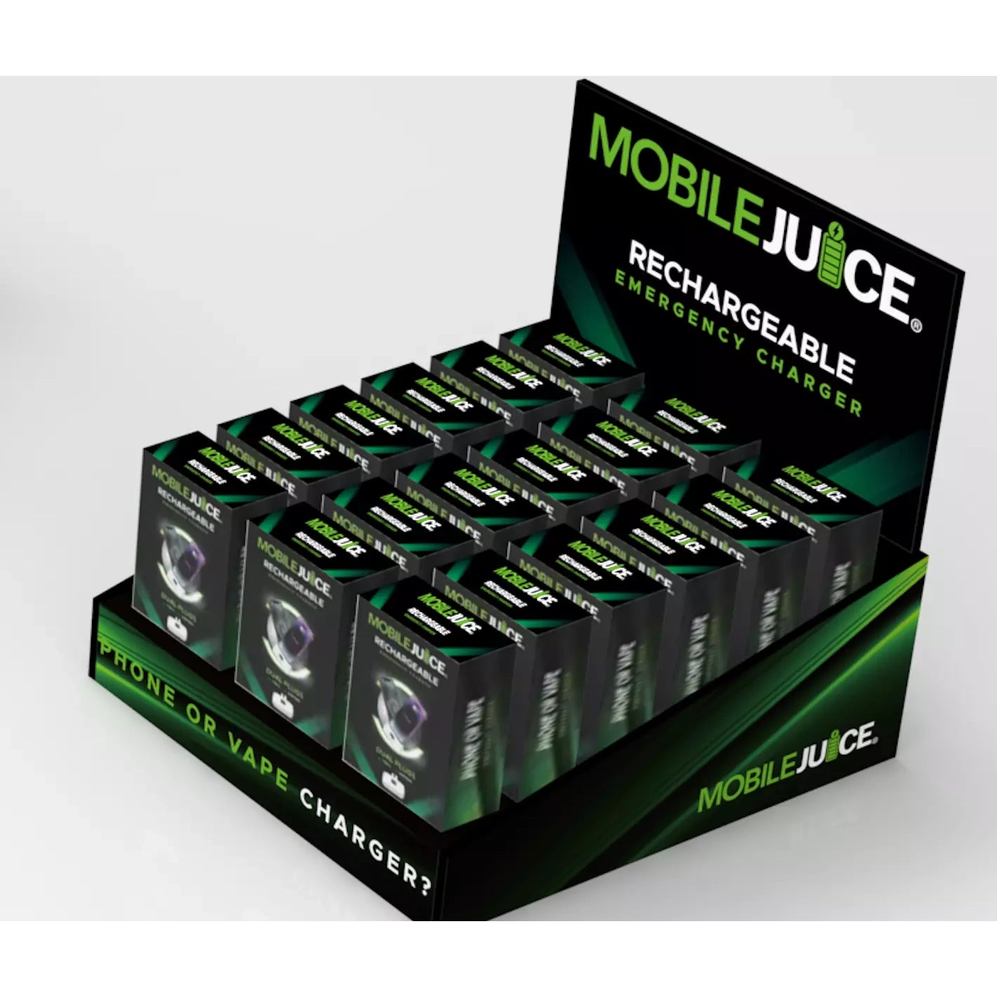 Display of Mobile Juice rechargeable emergency chargers with green and black packaging.