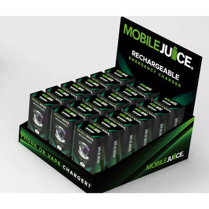 Display of Mobile Juice rechargeable emergency chargers with green and black packaging.
