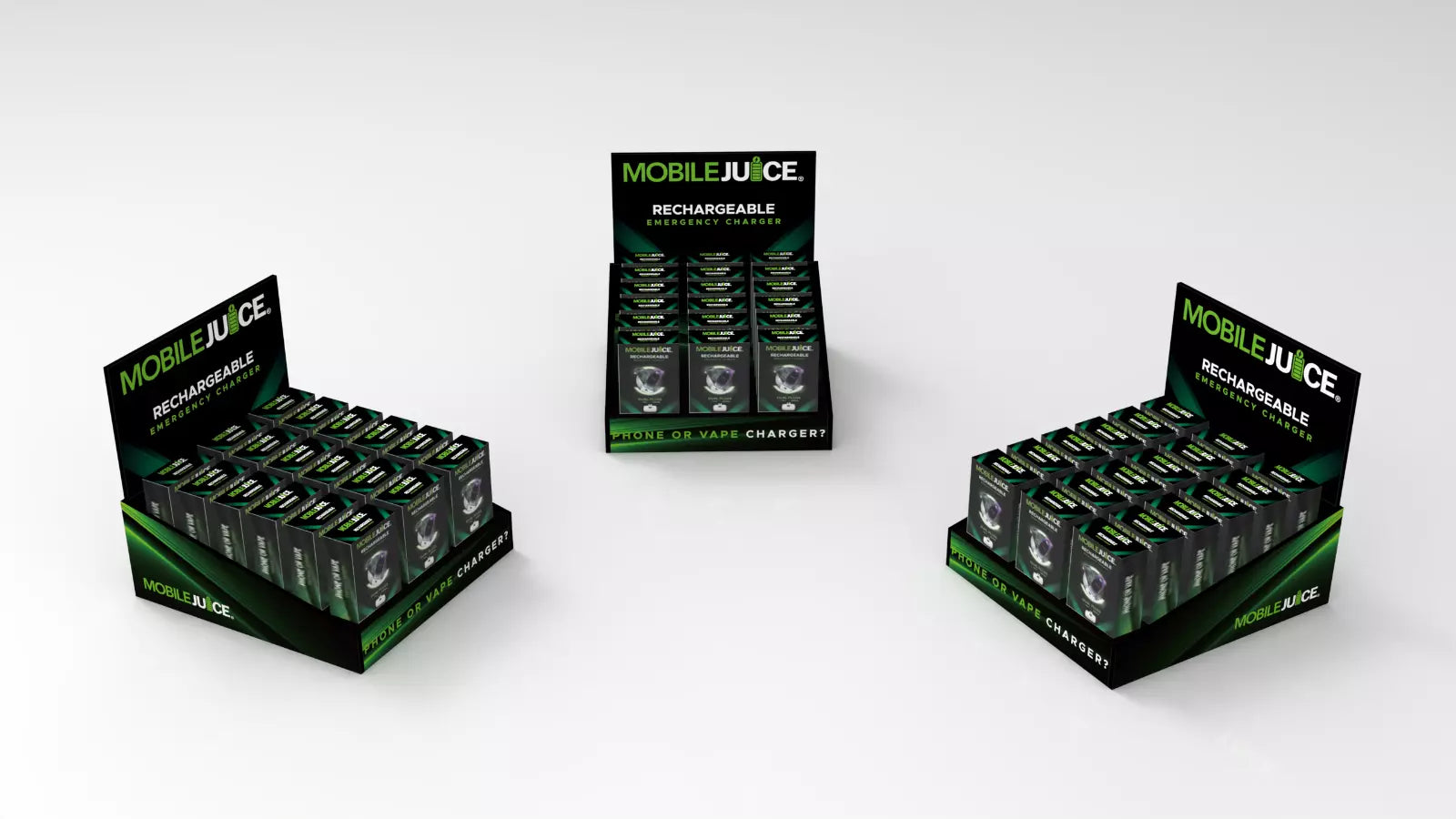 Three boxes of Mobile Juice rechargeable batteries on a white background
