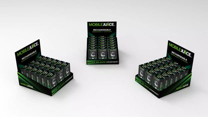 Three boxes of Mobile Juice rechargeable batteries on a white background