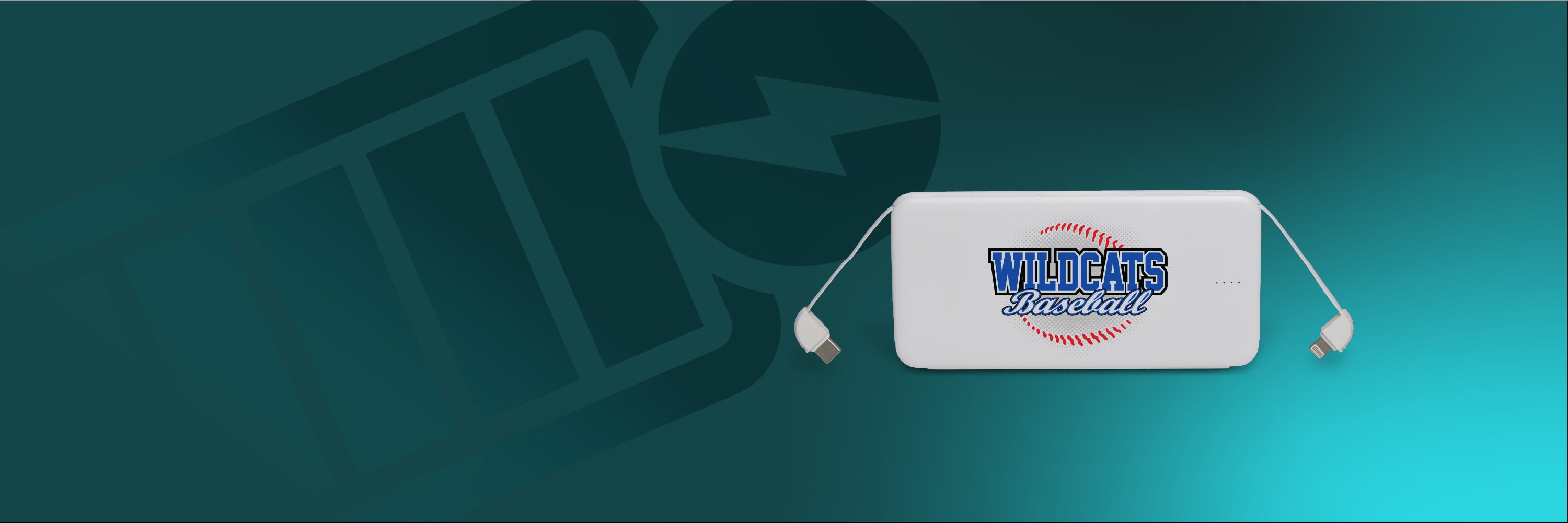 White charger with 'Wildcat's Baseball' branding on a gradient blue background