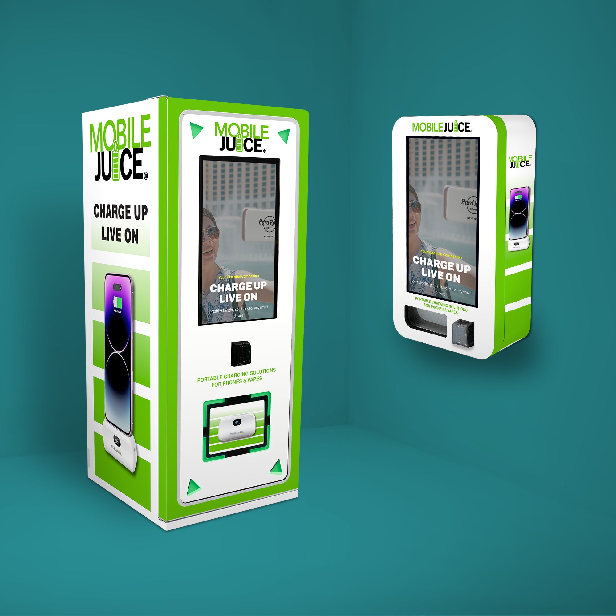 Green and white 'Mobile Juice' charging station on a teal background