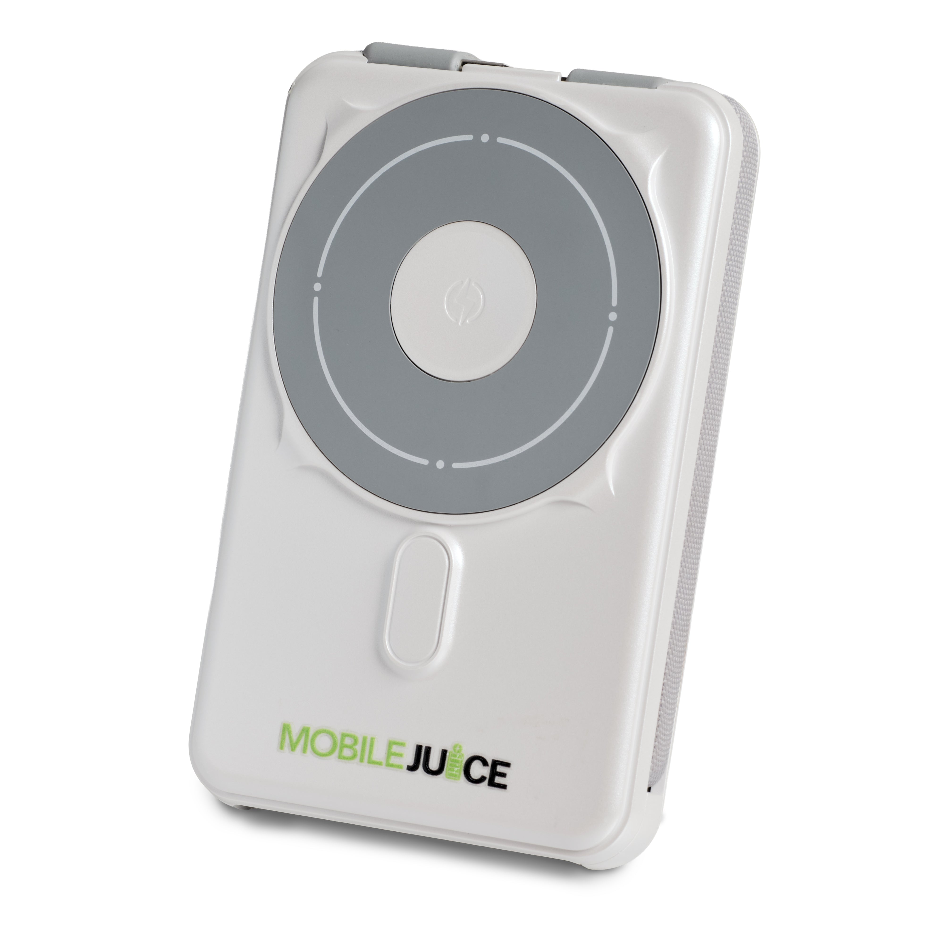 White power bank with gray circular design on a white background, featuring the 'Mobile Juice' brand.