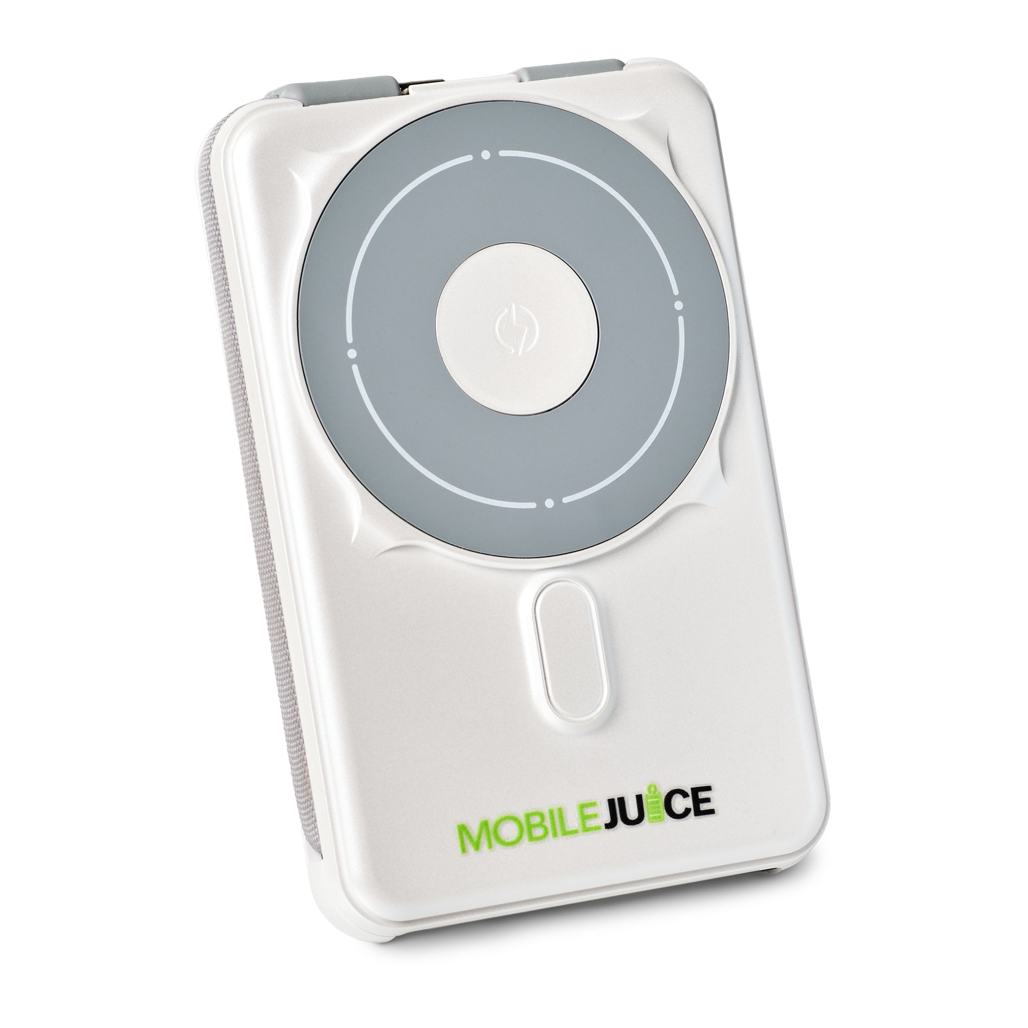 White power bank with gray circular design and 'MOBILE JUICE' branding on a white background