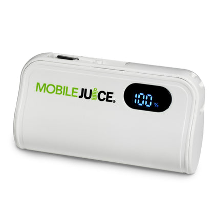 White power bank with digital display and 'Mobile Juice' branding on a white background