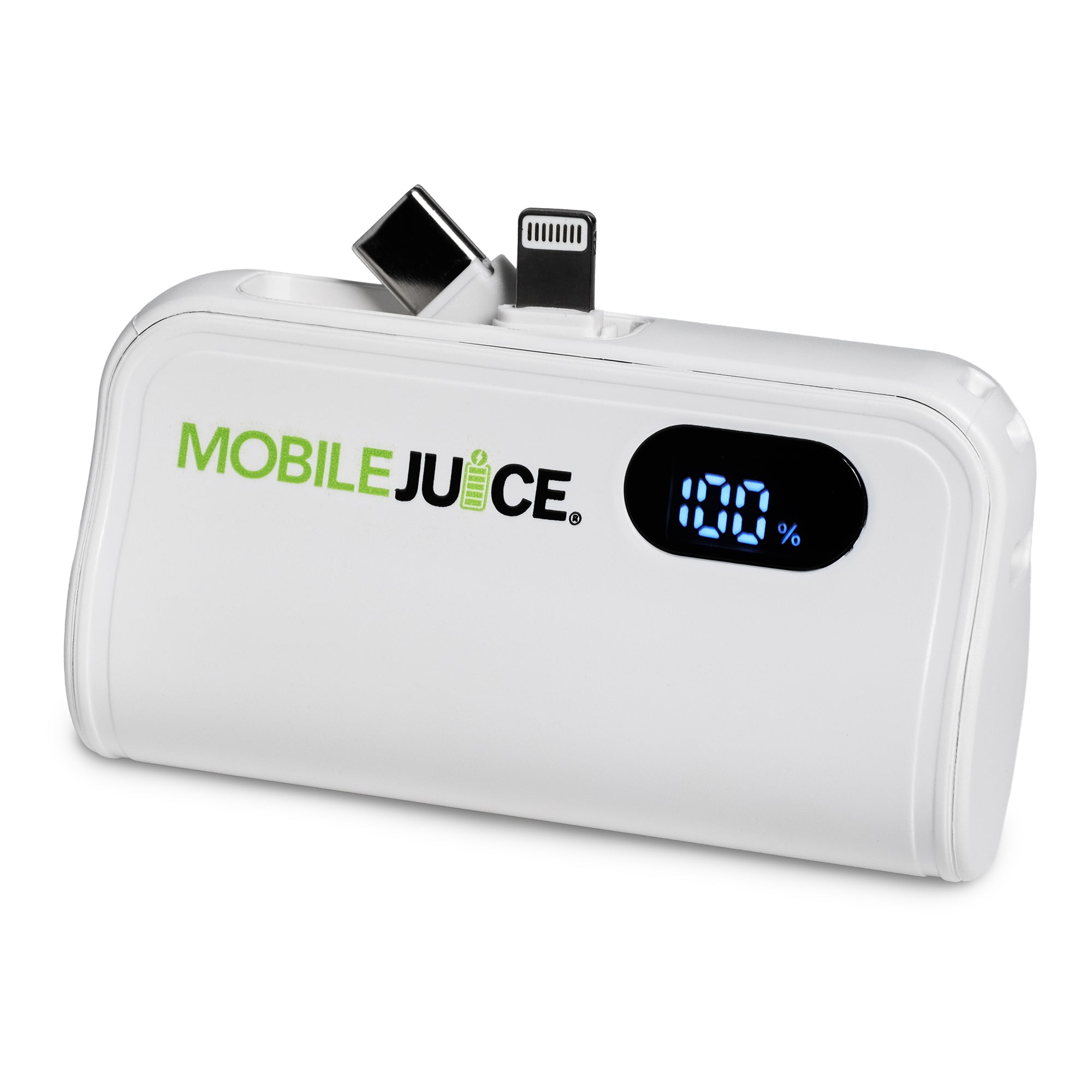 White power bank with digital display and 'Mobile Juice' branding on a white background