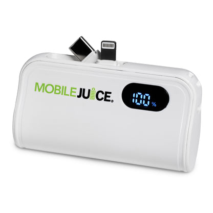 White power bank with digital display and 'Mobile Juice' branding on a white background