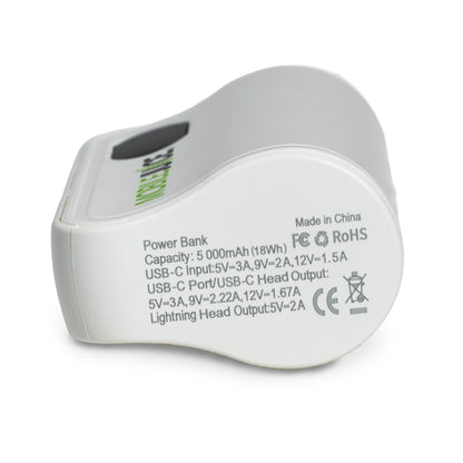 Power bank with specifications on a white background