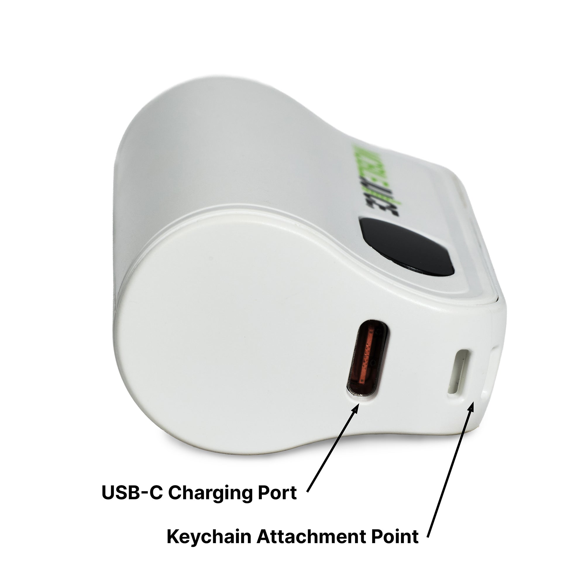 White charging adapter with USB-C port and keychain attachment point on a white background