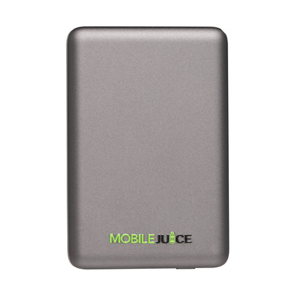 Gray power bank with 'MOBILE JUICE' branding on a white background