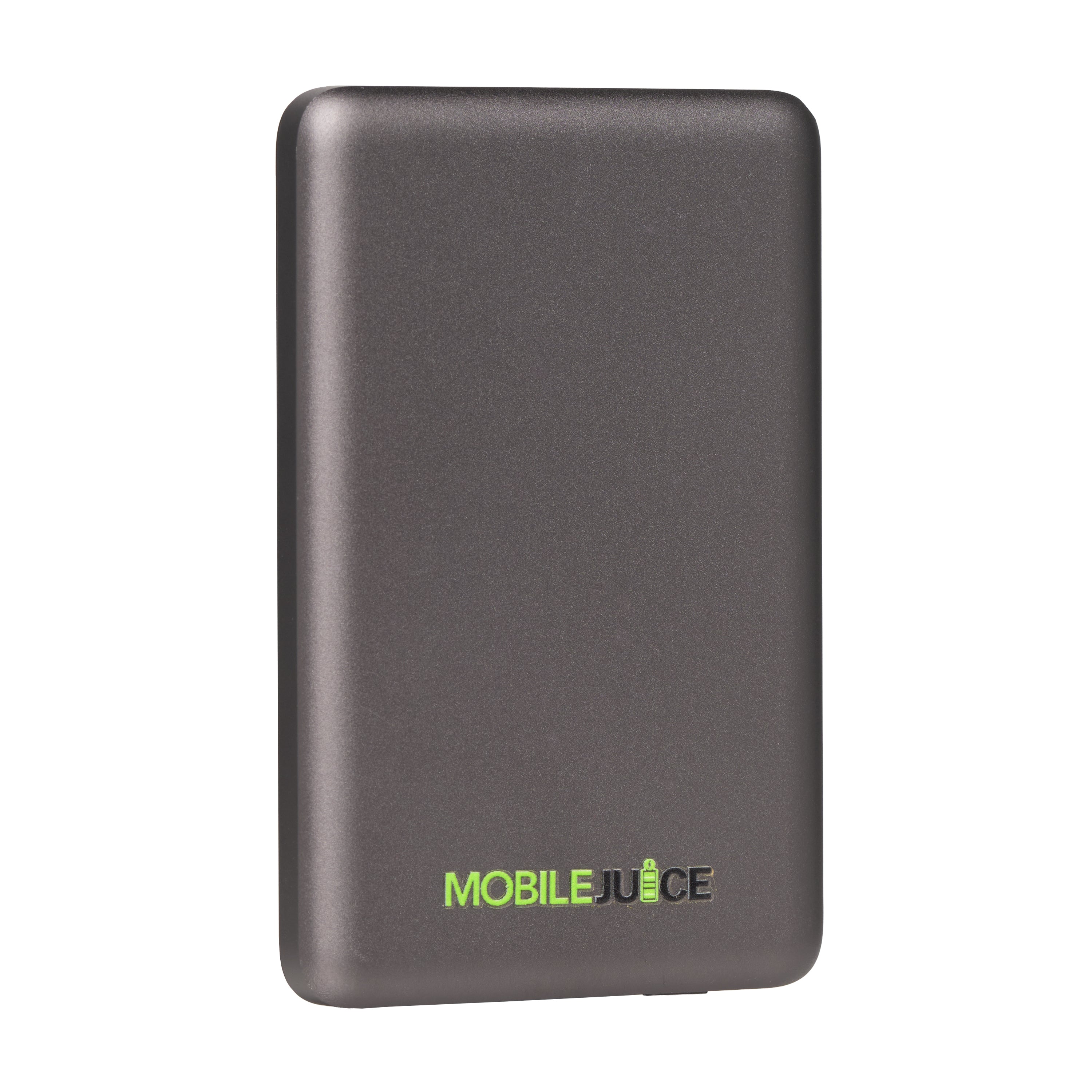 Black portable battery pack with 'MOBILE JUICE' branding on a white background