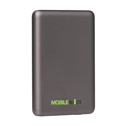 Black portable battery pack with 'MOBILE JUICE' branding on a white background