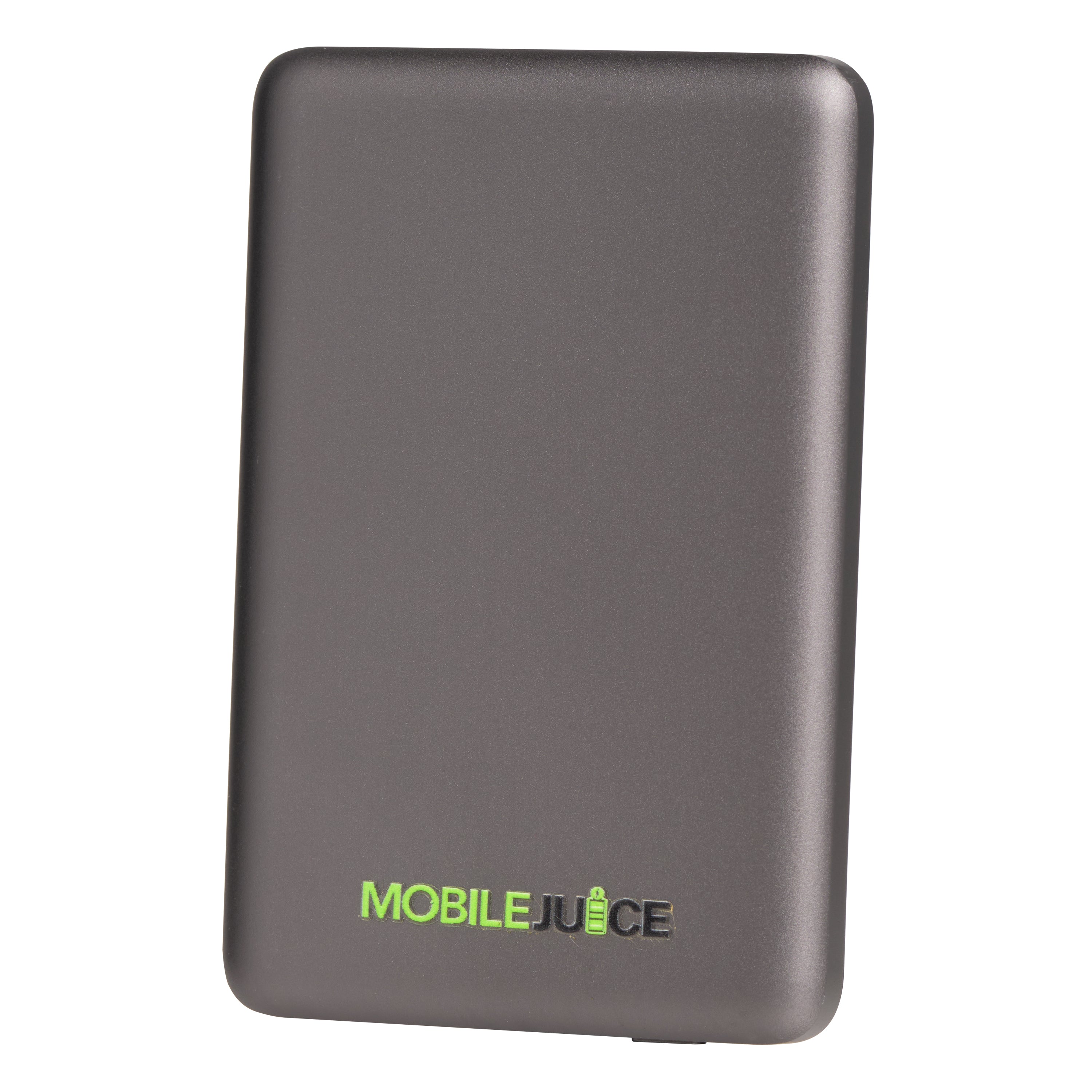 Gray power bank with 'MOBILE JUICE' branding on a white background