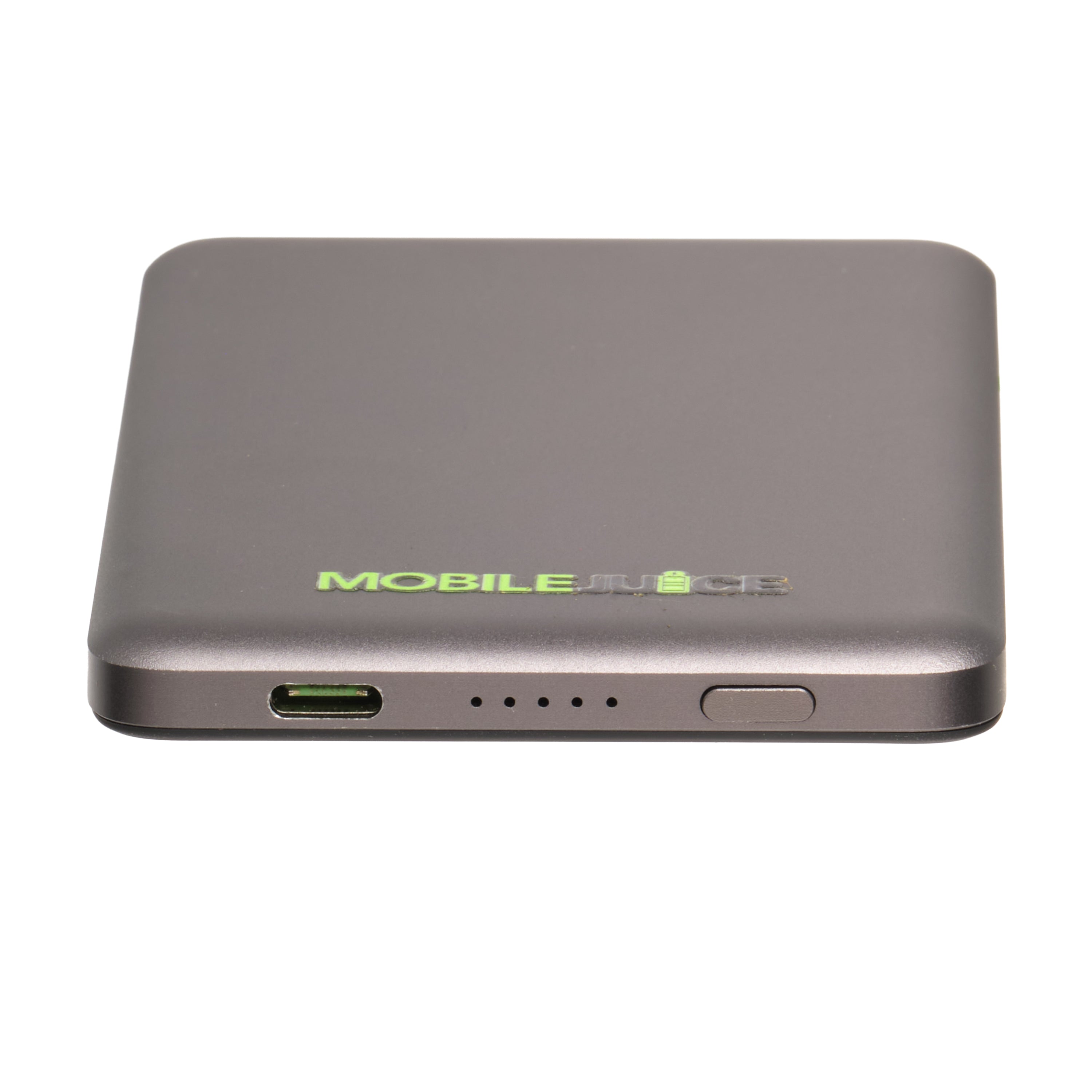 Portable battery pack with 'MOBILE JUICE' branding on a white background