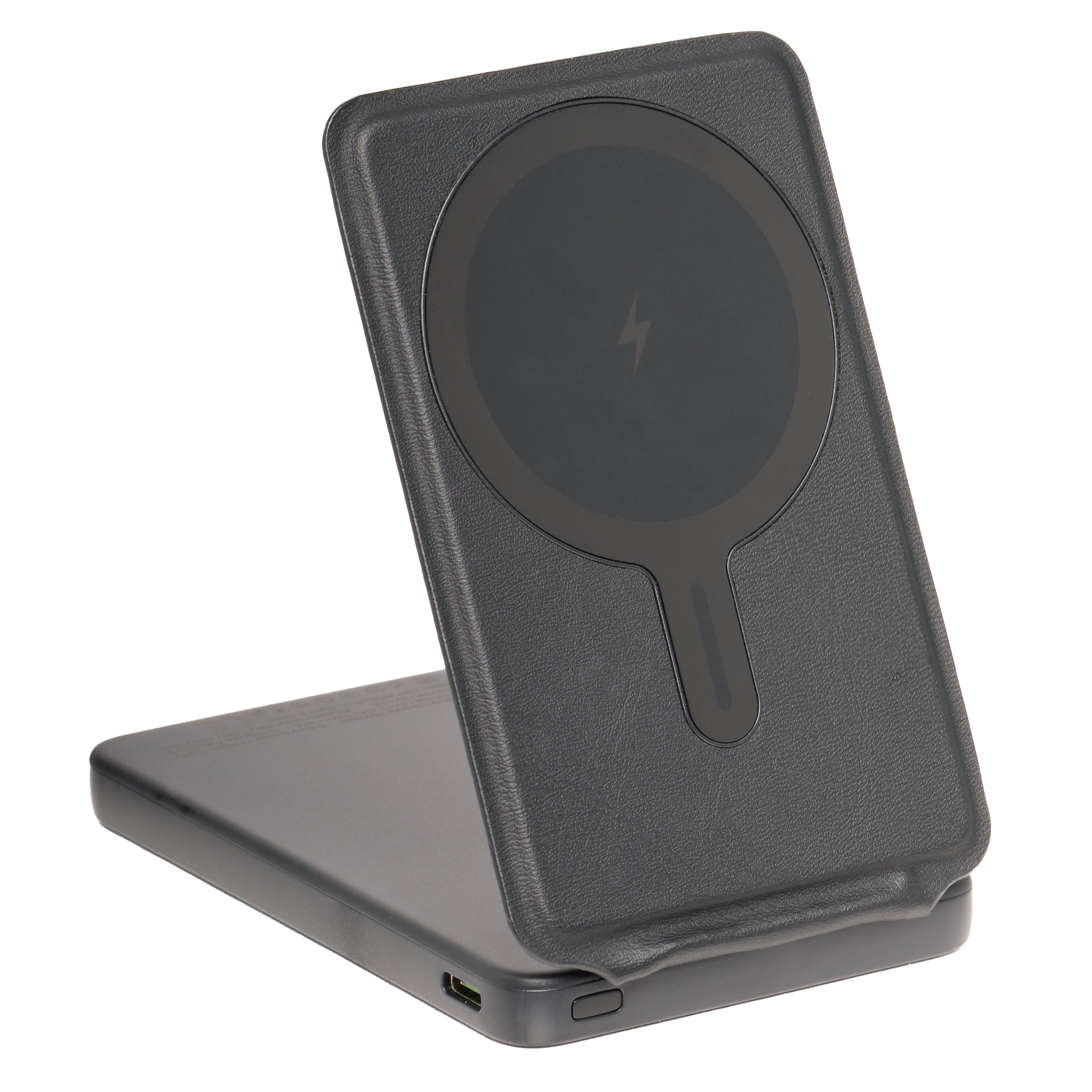 Black wireless charging stand on a white background