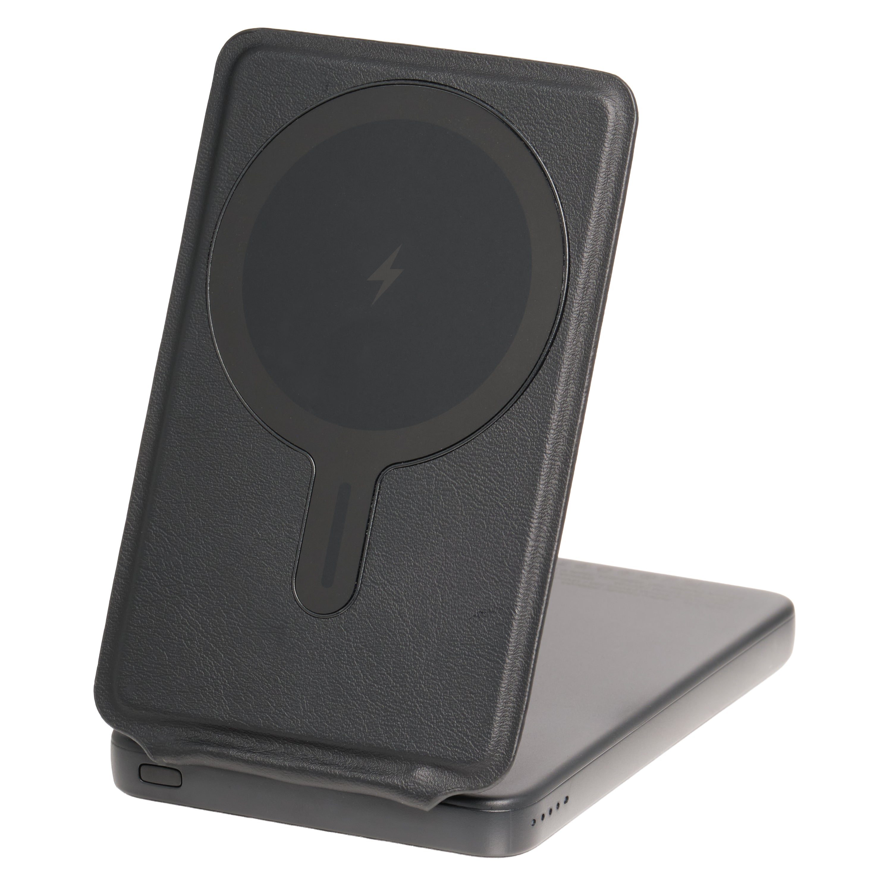 Black wireless charging stand on a white background