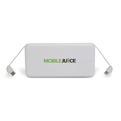 White power bank with 'MOBILE JUICE' branding on a white background