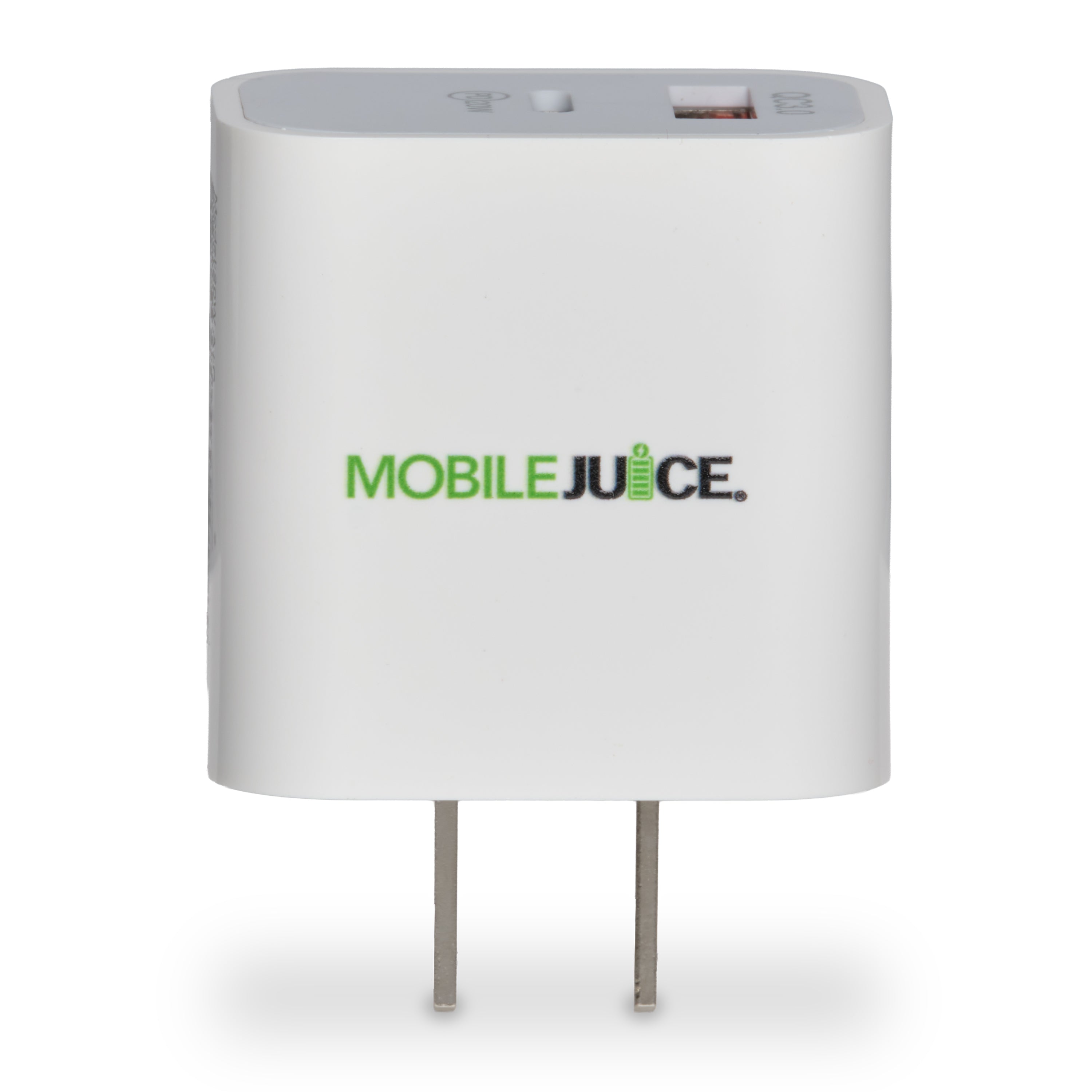White power adapter with 'MOBILE JUICE' branding on a white background