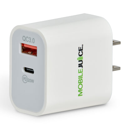 White charging adapter with USB-C port and 'MOBILE JUICE' branding on a white background