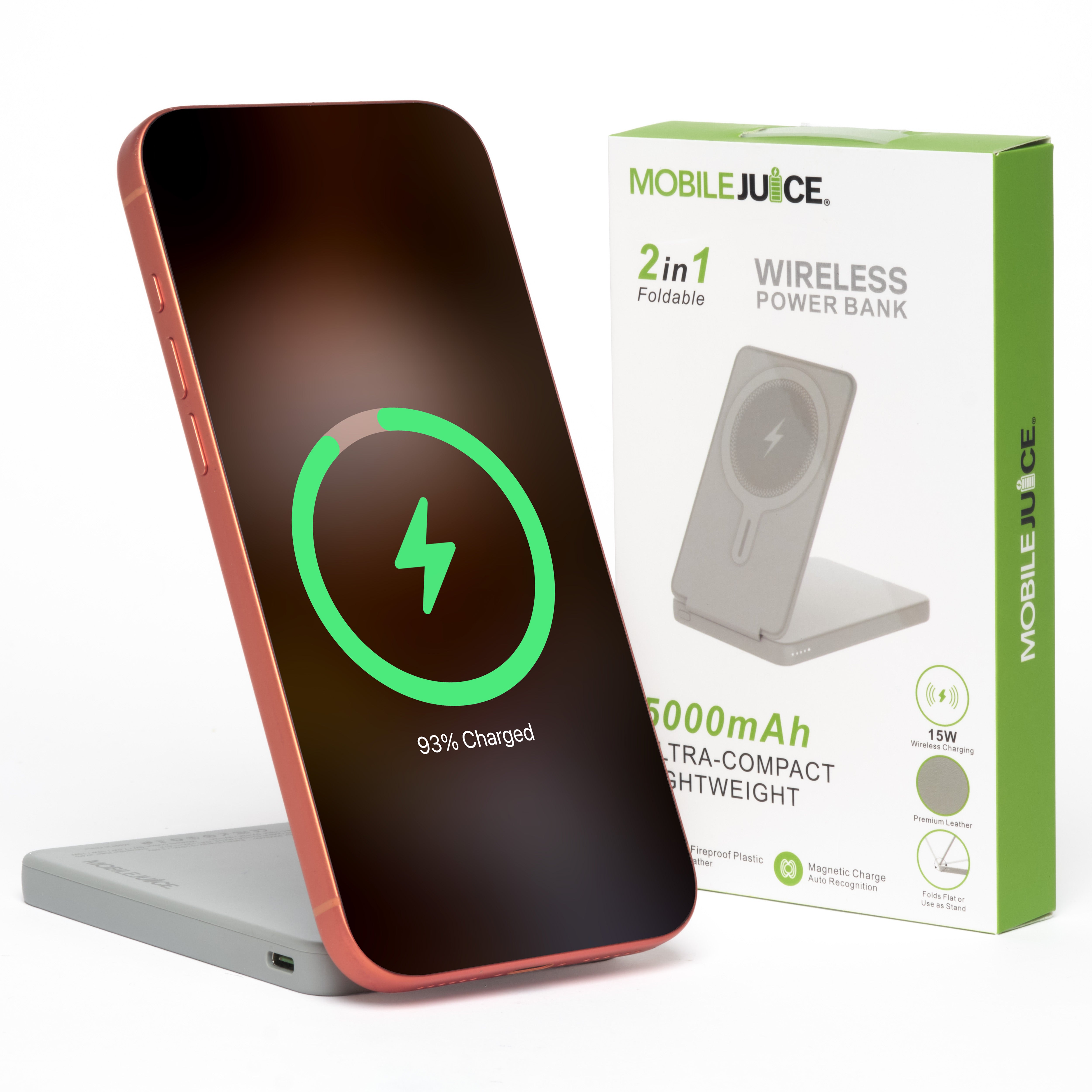 wireless power bank with iphone 17 pro charging alongside packaging 