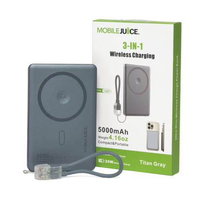 wireless charging bank in grey alongside packaging 