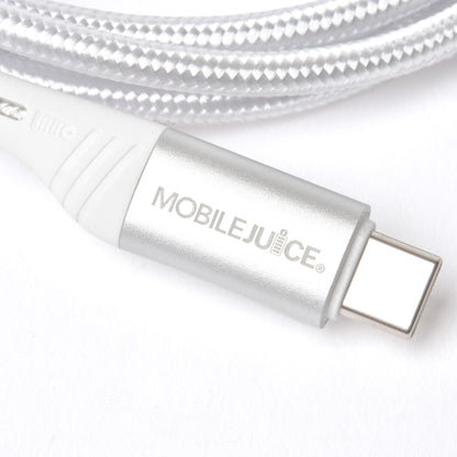 Close-up of a USB C cable with 'MOBILEJUICE' branding