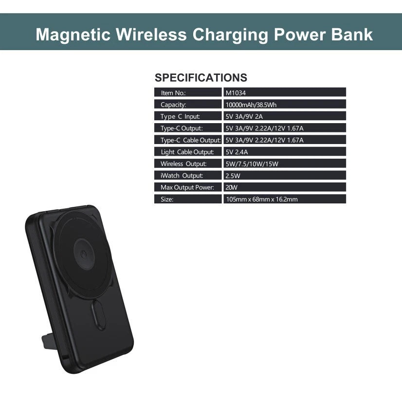 Magnetic wireless charging power bank with specifications listed on a white background