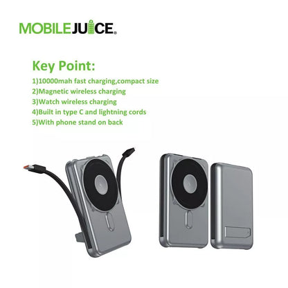 Portable charging device with features listed on a white background, featuring the brand 'MOBILE JUICE'.
