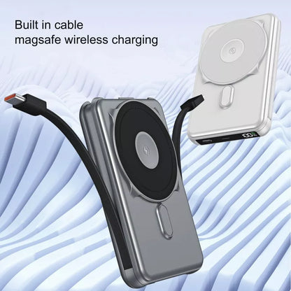 Wireless charging case with built-in cable on a light blue background
