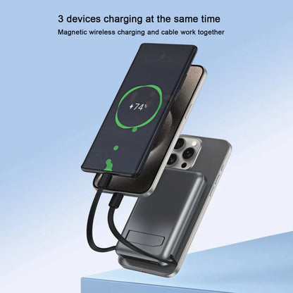 Wireless charging station with three devices charging simultaneously on a light blue background