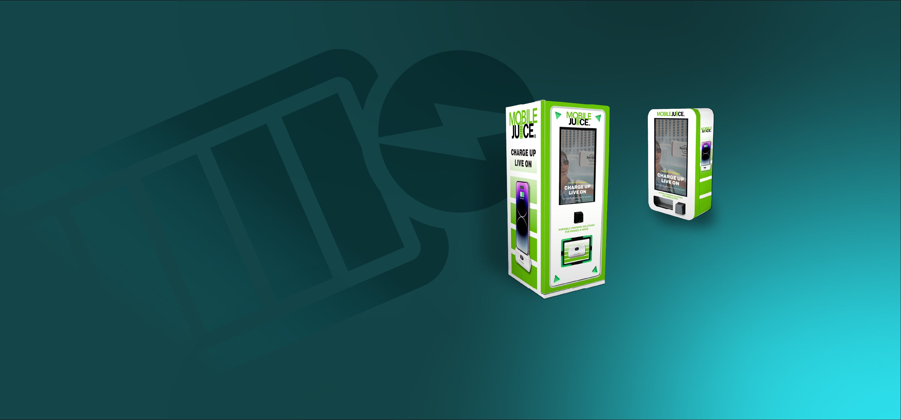 Two green and white vending machines on a teal background